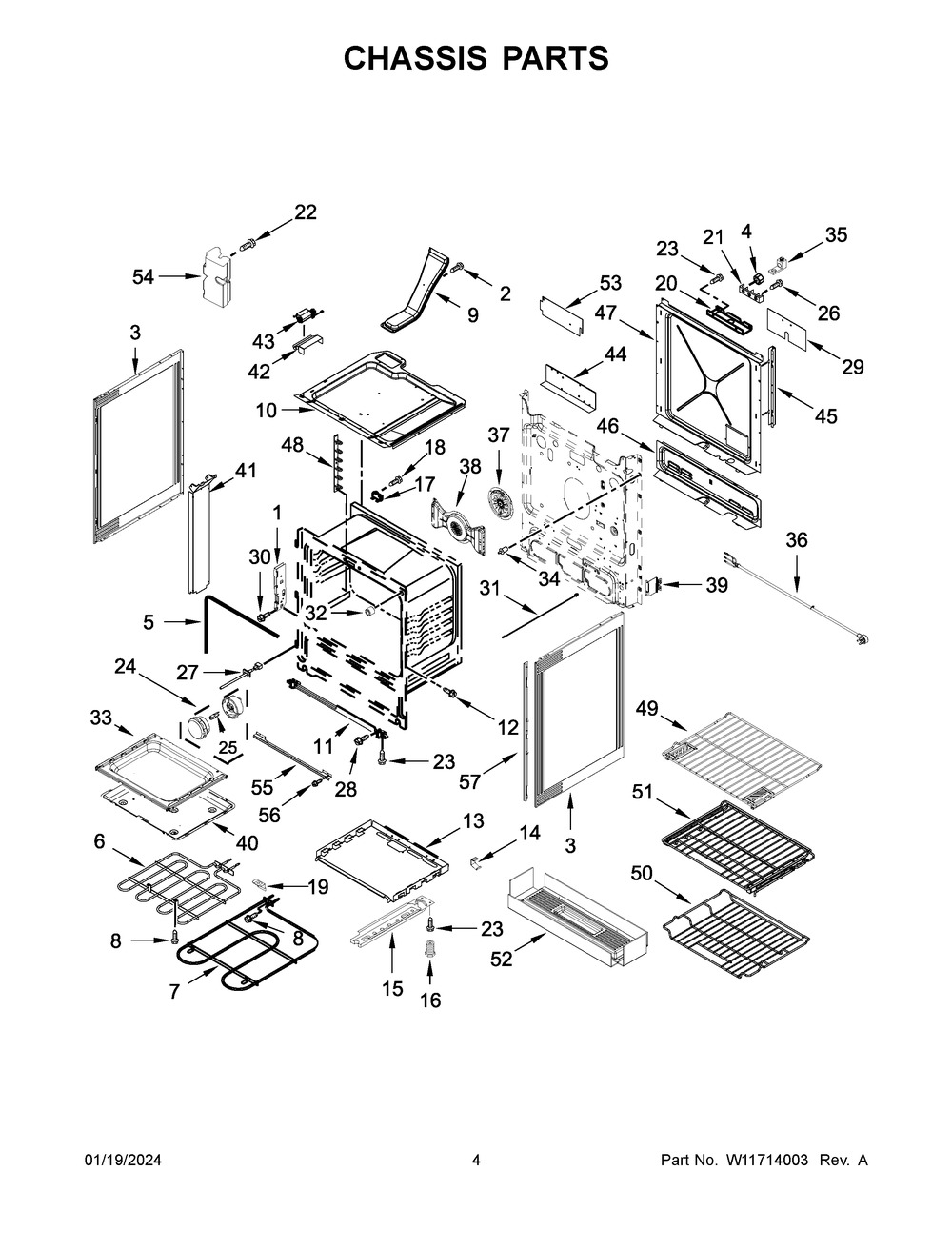 Chassis Parts Diagram and Parts List for YKSEB900ESS7  KitchenAid Range
