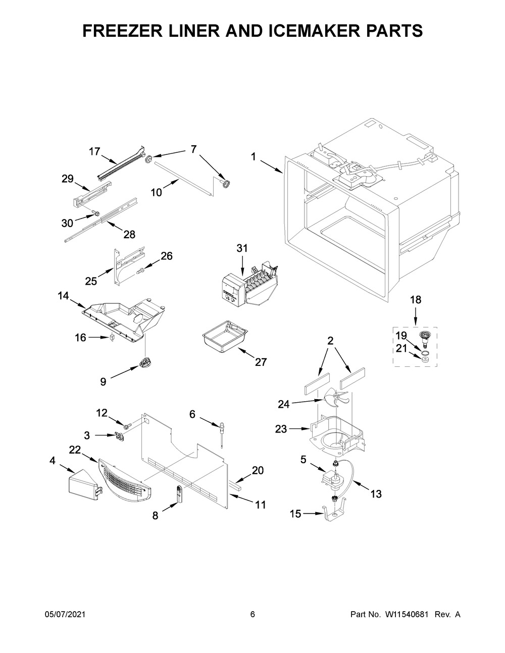 Freezer Liner And Icemaker Parts Diagram and Parts List for WRF535SWHZ07  Whirlpool Refrigerator