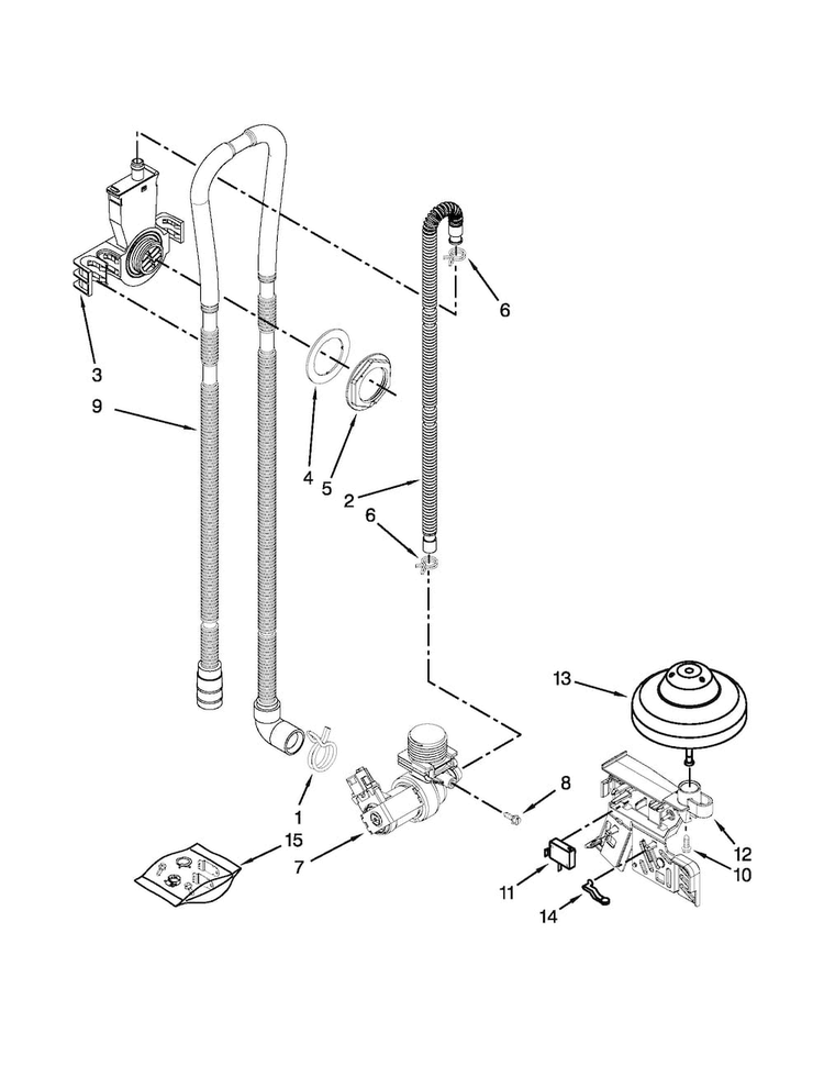 Fill, Drain And Overfill Parts Diagram and Parts List for WDF110PABT2  Whirlpool Dishwasher