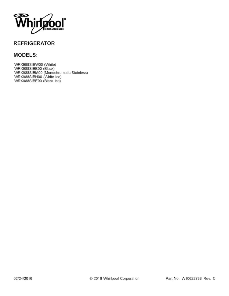 Cover Sheet Diagram and Parts List for WRX988SIBH00  Whirlpool Refrigerator
