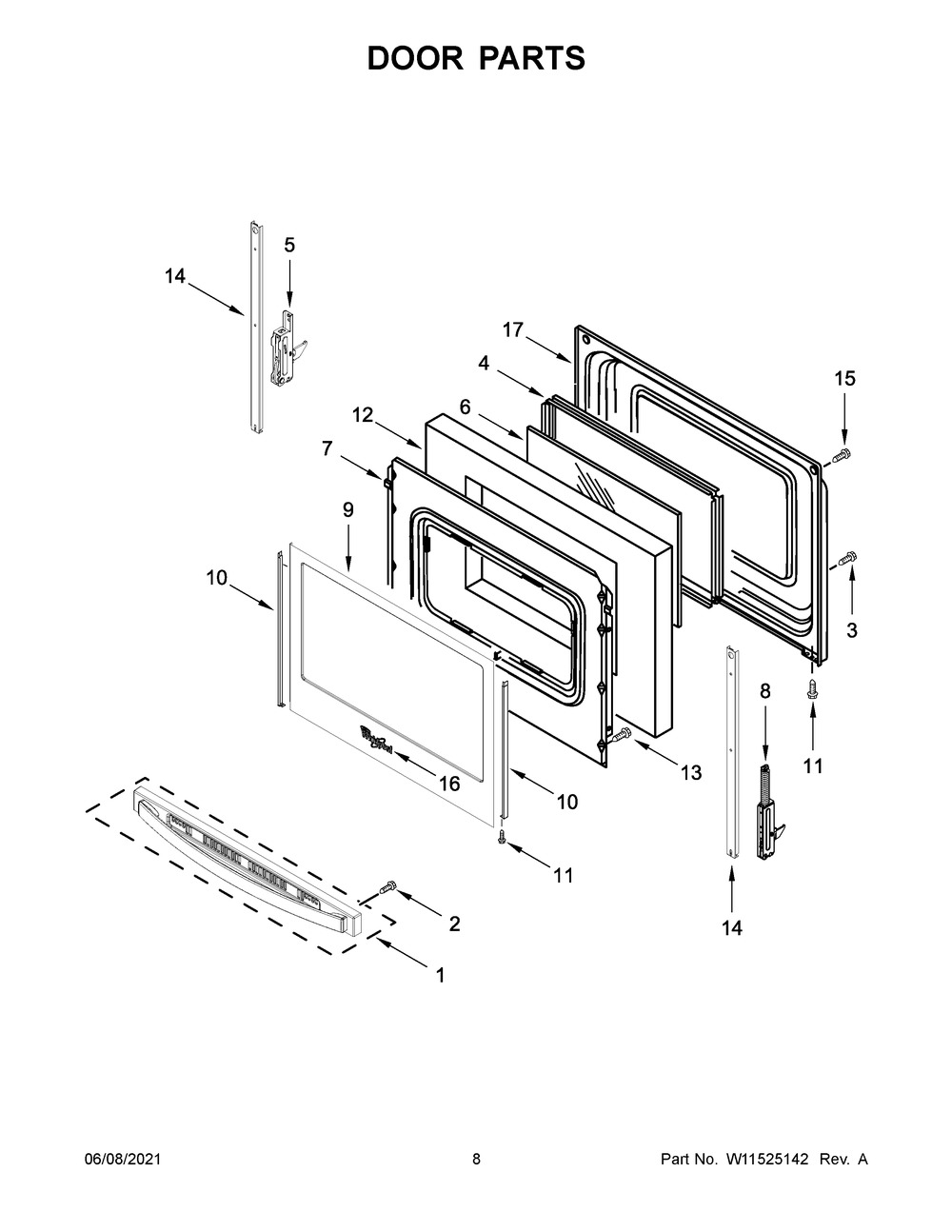 Door Parts Diagram and Parts List for WFE550S0HZ2  Whirlpool Range