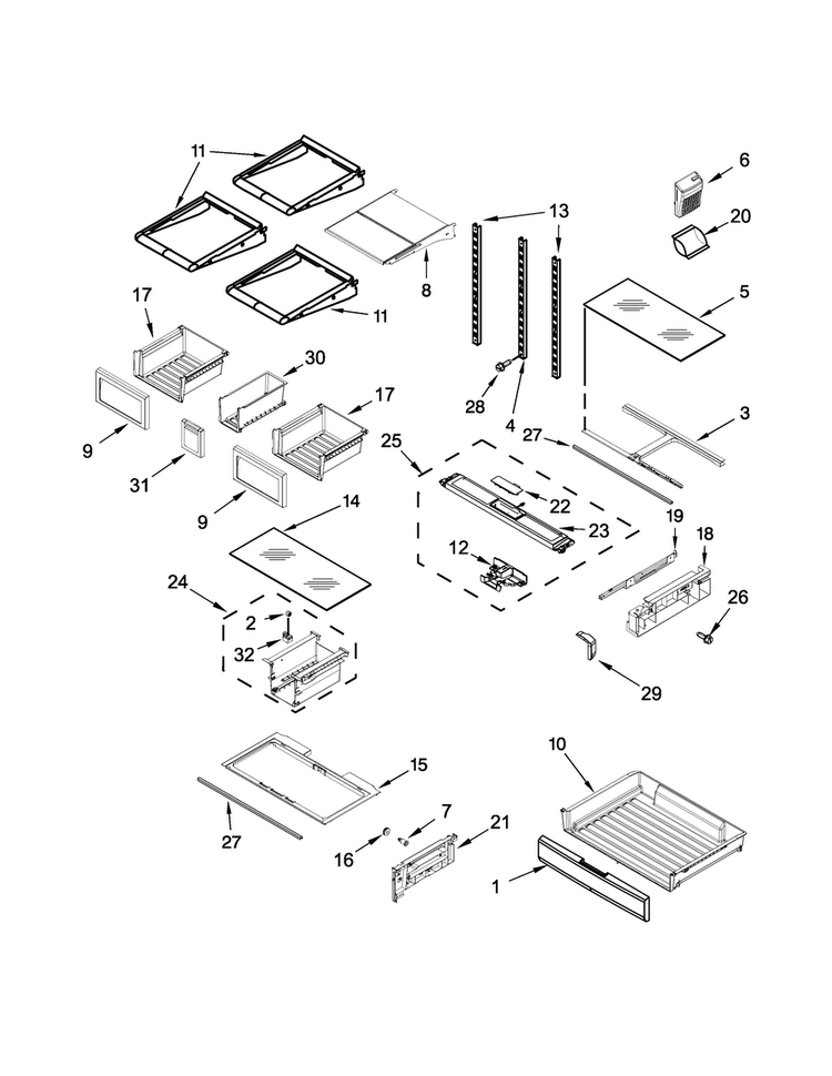 Shelf Parts Diagram and Parts List for 7WF736SDAM13  Whirlpool Refrigerator