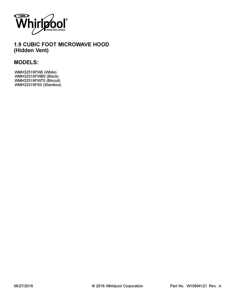 Cover Sheet Diagram and Parts List for WMH32519FWB0  Whirlpool Microwave