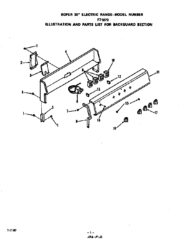 Backguard Diagram and Parts List for F7107*0  Roper Range