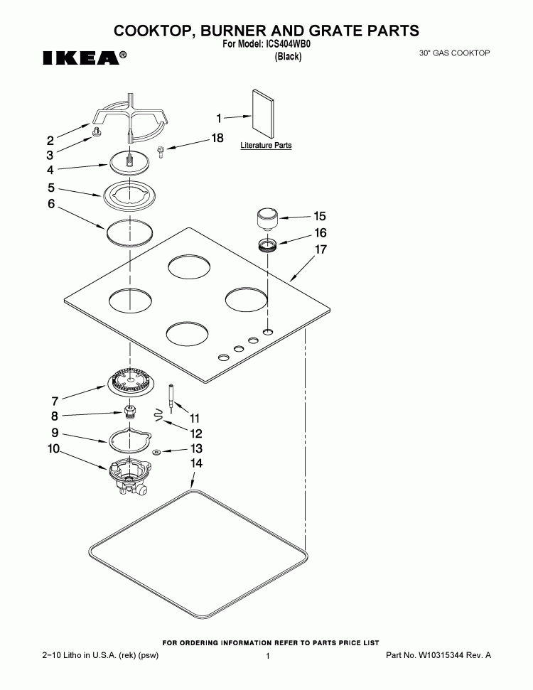 COOKTOP, BURNER AND GRATE PARTS Diagram and Parts List for ICS404WB0  Whirlpool Cooktop