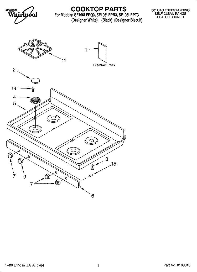 COOKTOP PARTS Diagram and Parts List for SF196LEPB3  Whirlpool Range