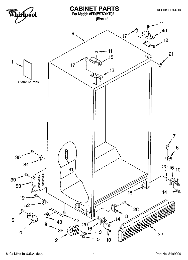 CABINET PARTS Diagram and Parts List for 8ED0WTKXKT02  Whirlpool Refrigerator