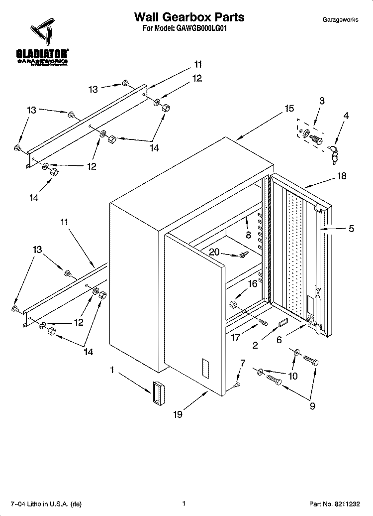 Wall Gearbox Parts Diagram and Parts List for GAWGB000LG01  Whirlpool Cabinet