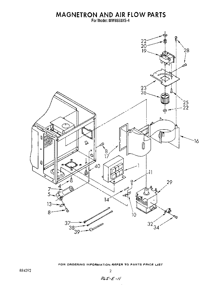 MAGNETRON AND AIR FLOW Diagram and Parts List for MW8550XS4  Whirlpool Microwave