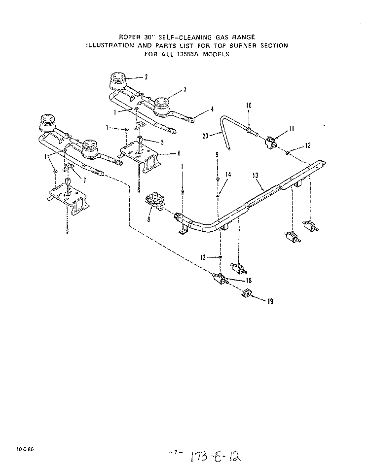 TOP BURNER Diagram and Parts List for 1355W3A  Roper Range