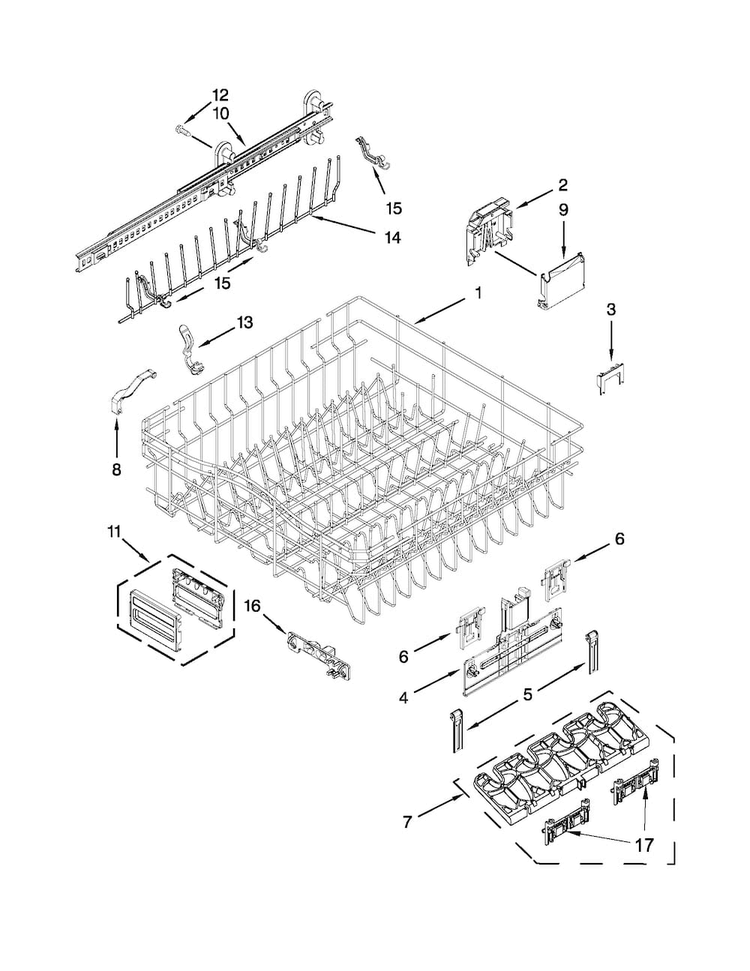 Upper Rack And Track Parts Diagram and Parts List for KDTE554CSS1  KitchenAid Dishwasher