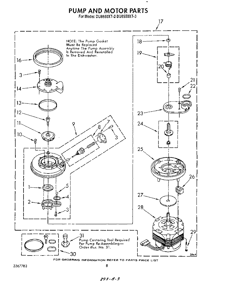 PUMP AND MOTOR Diagram and Parts List for DU8550XT3  Whirlpool Dishwasher