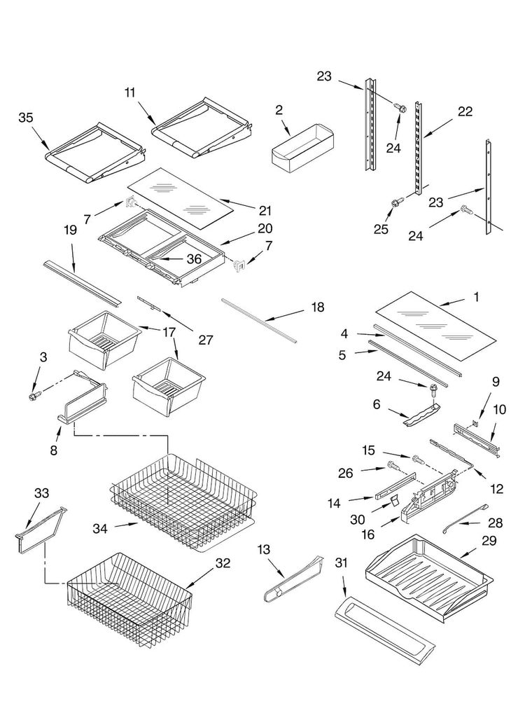 Shelf Parts Diagram and Parts List for KBFS25ETBL11  KitchenAid Refrigerator