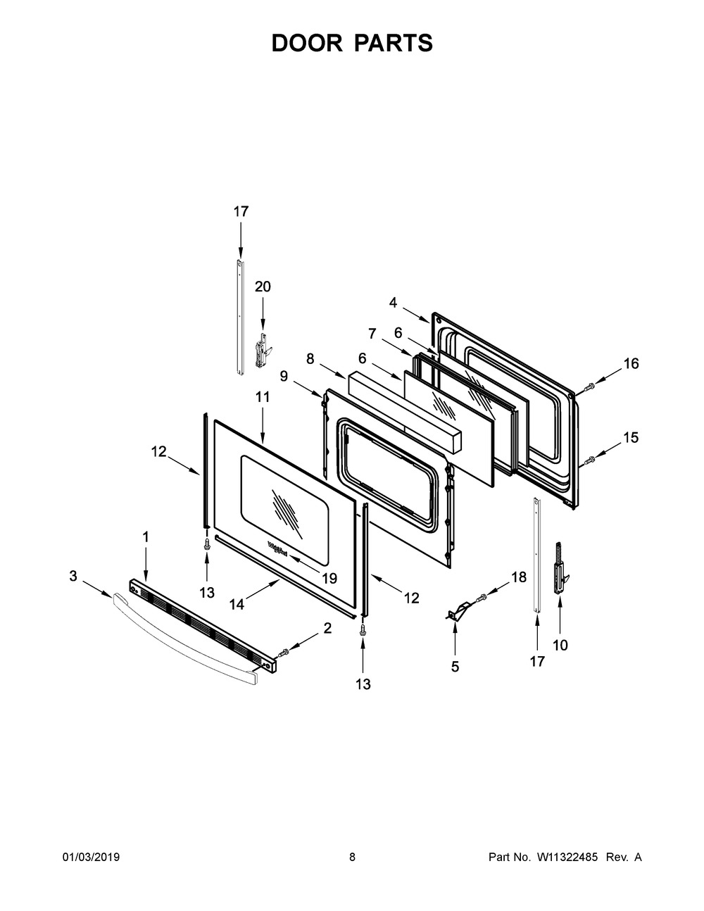 Door Parts Diagram and Parts List for WFC315S0HW0  Whirlpool Range
