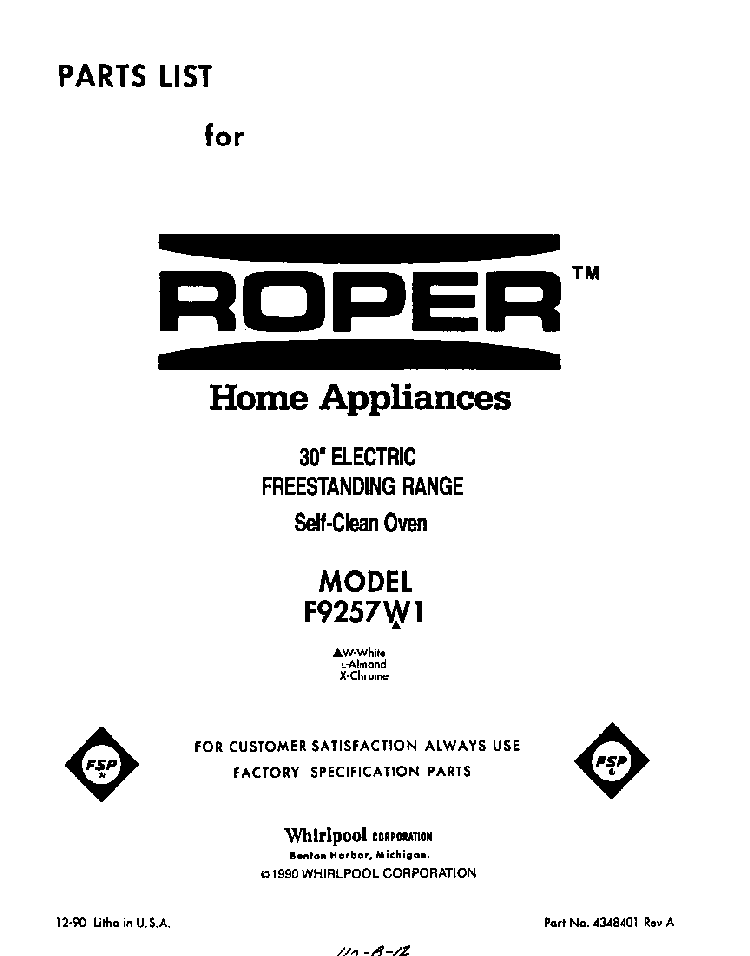 Front Cover Diagram and Parts List for F9257*1  Roper Range