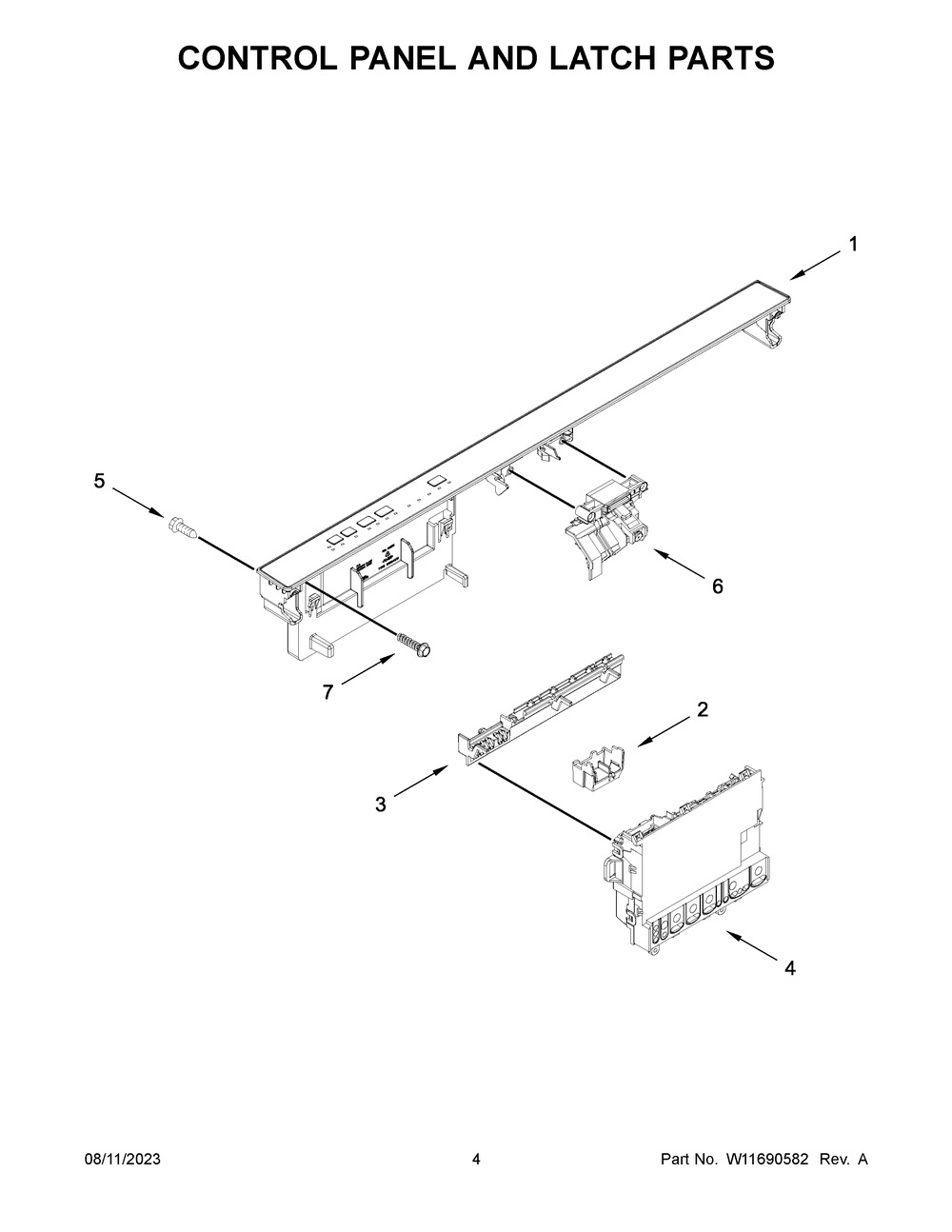 Control Panel And Latch Parts Diagram and Parts List for WDP730HAMZ1  Whirlpool Dishwasher