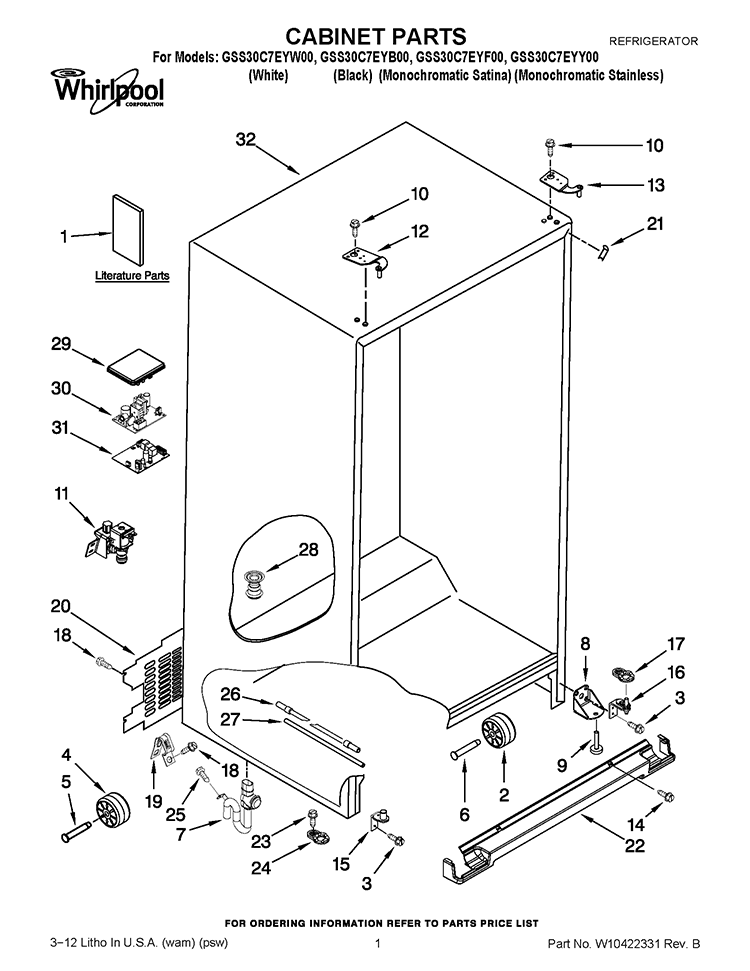 CABINET PARTS Diagram and Parts List for GSS30C7EYF00  Whirlpool Refrigerator
