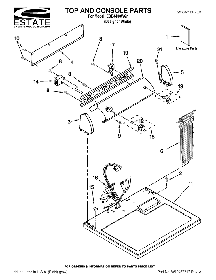 TOP AND CONSOLE PARTS Diagram and Parts List for EGD4400WQ1  Estate Dryer