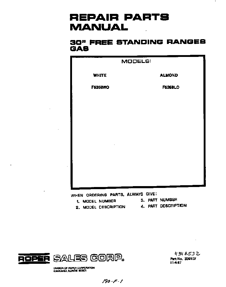 Front Cover Diagram and Parts List for F5358*0  Roper Range