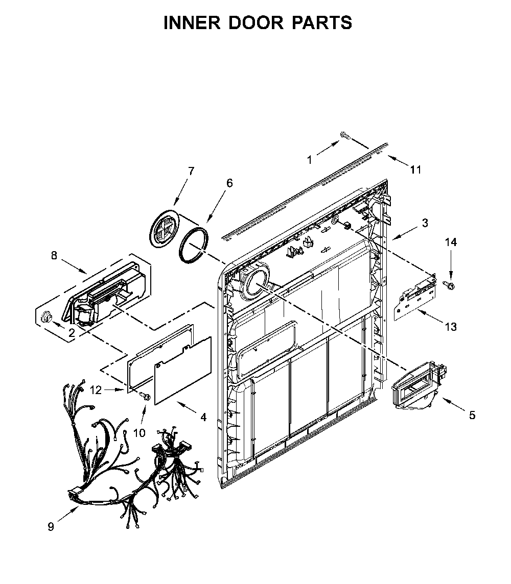 Inner door parts Diagram and Parts List for WDT705PAKB0  Whirlpool Dishwasher