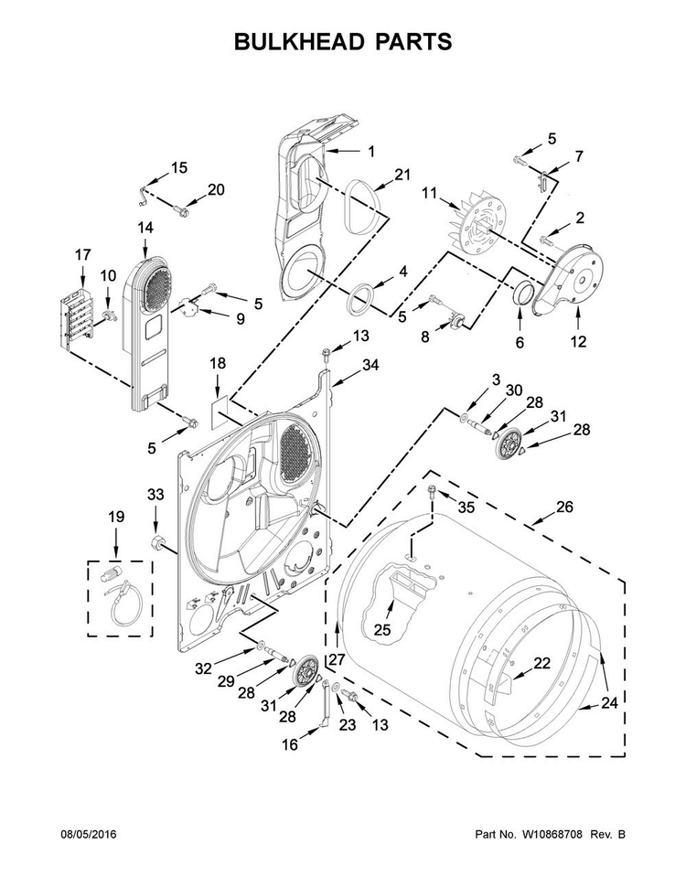 Bulkhead Parts Diagram and Parts List for 7MWED1650EQ0  Whirlpool Dryer