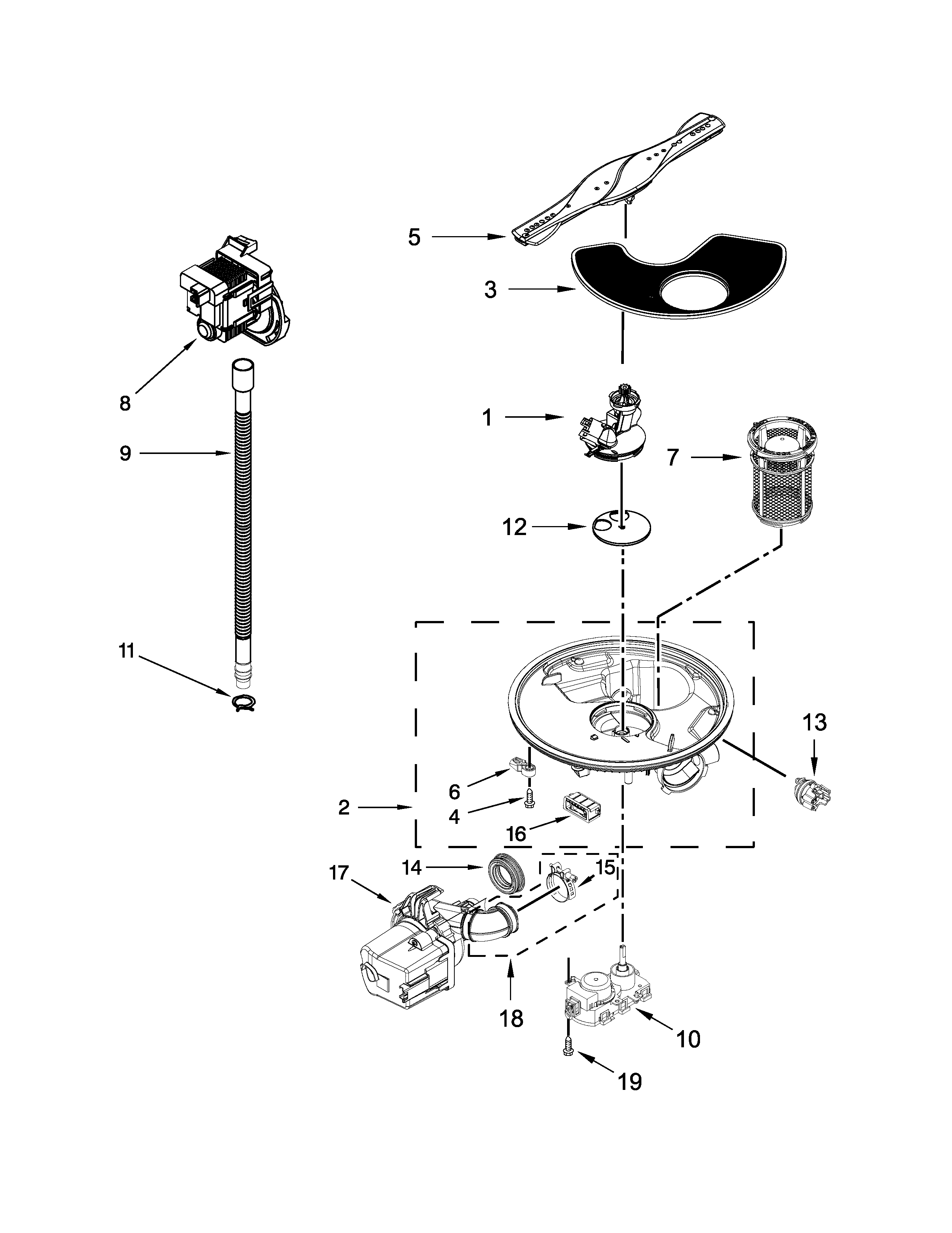Pump, Washarm And Motor Parts Diagram and Parts List for 66513479N410  Kenmore Dishwasher