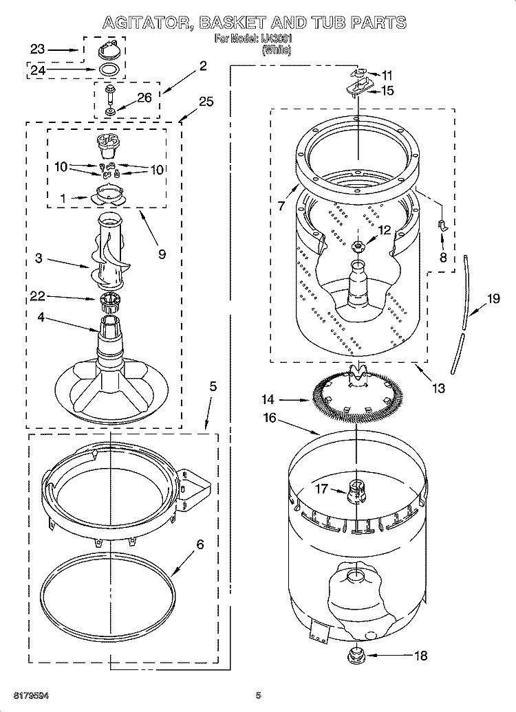 AGITATOR, BASKET AND TUB PARTS Diagram and Parts List for IJ43001  Inglis Washer