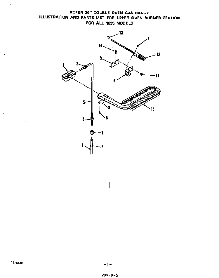 Upper Oven Burner Diagram and Parts List for 1835*1A  Roper Range