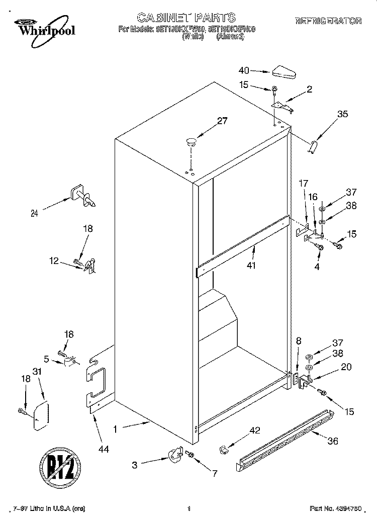 CABINET Diagram and Parts List for 8ET19DKXFN00  Whirlpool Refrigerator