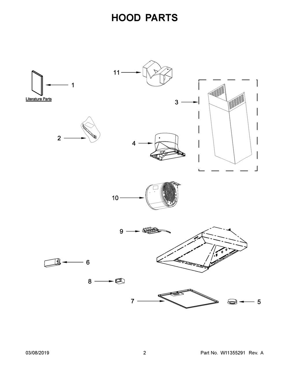 Hood Parts Diagram and Parts List for IHW53UC0FS2  Whirlpool Range Hood