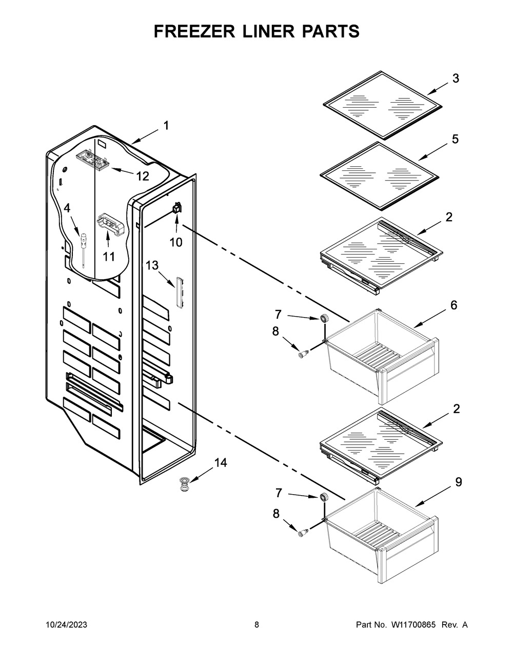 Freezer Liner Parts Diagram and Parts List for KRSC700HBS05  KitchenAid Refrigerator