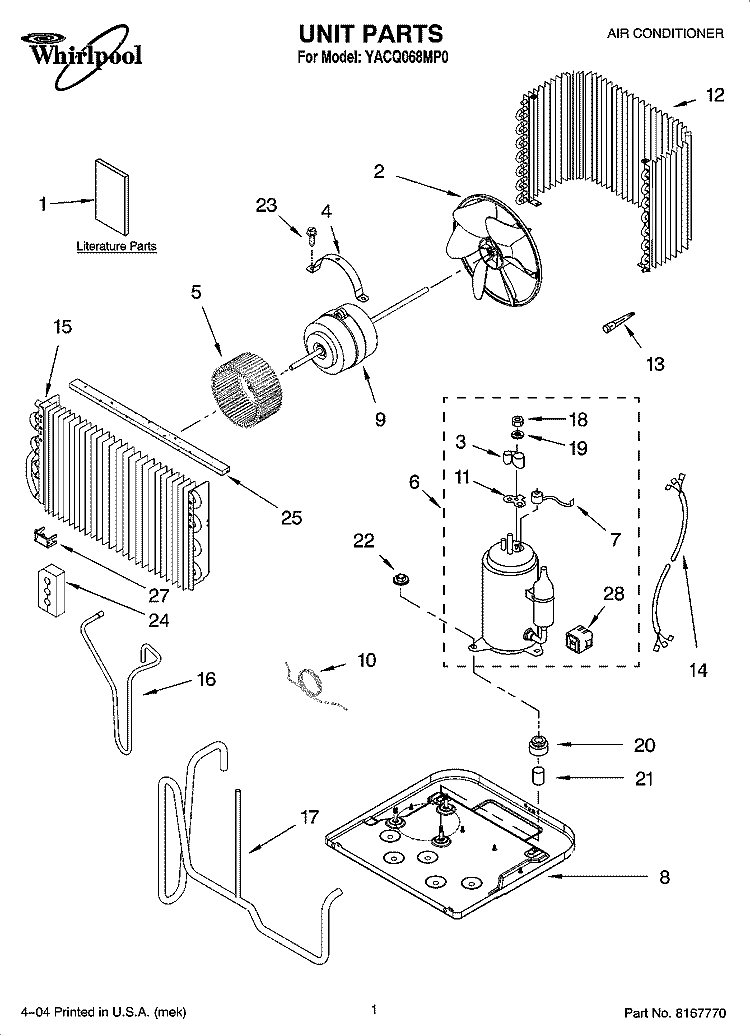 UNIT PARTS Diagram and Parts List for YACQ068MP0  Whirlpool Air Conditioner