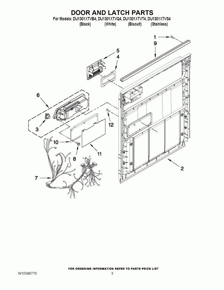 DOOR AND LATCH PARTS Diagram and Parts List for DU1301XTVB4  Whirlpool Dishwasher