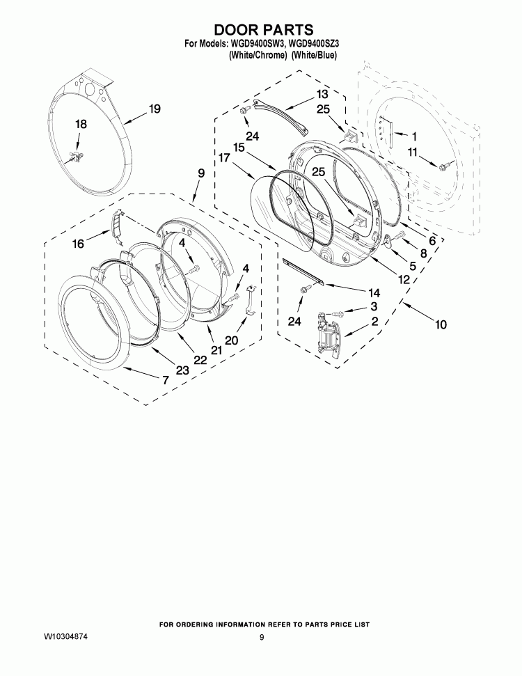 DOOR PARTS Diagram and Parts List for WGD9400SW3  Whirlpool Dryer