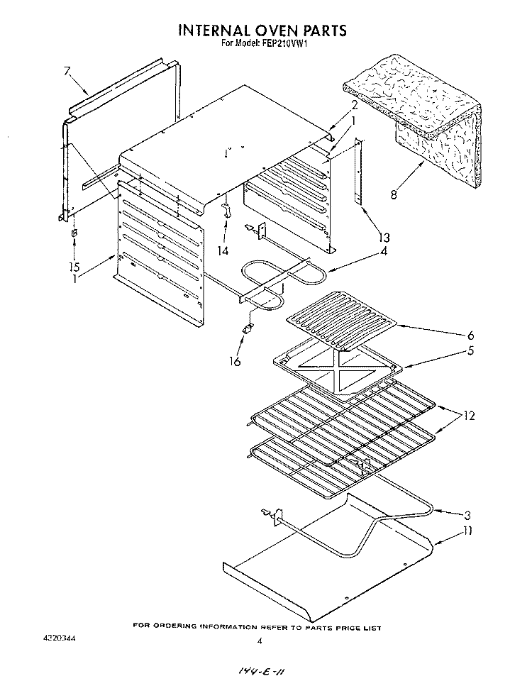 INTERNAL OVEN Diagram and Parts List for FEP210VW1  Roper Range