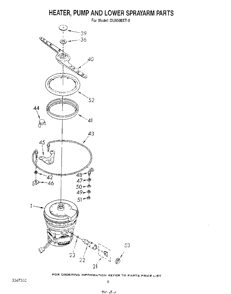 HEATER, PUMP AND LOWER SPRAY ARM Diagram and Parts List for DU8500XT0  Whirlpool Dishwasher