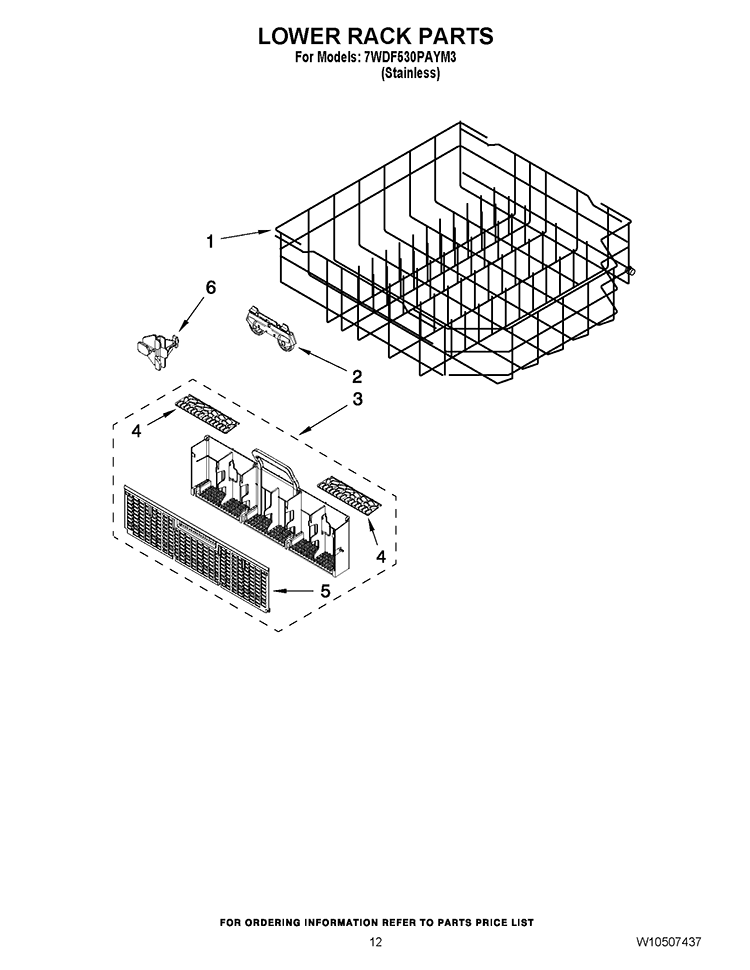 LOWER RACK PARTS Diagram and Parts List for 7WDF530PAYM3  Whirlpool Dishwasher