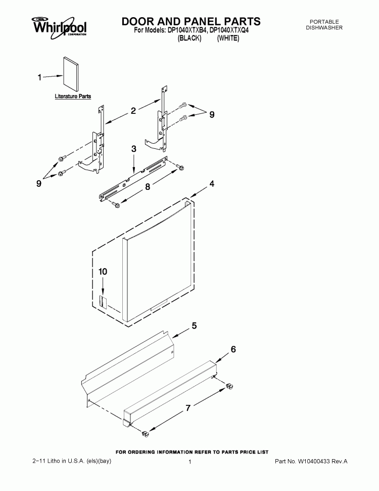 DOOR AND PANEL PARTS Diagram and Parts List for DP1040XTXB4  Whirlpool Dishwasher