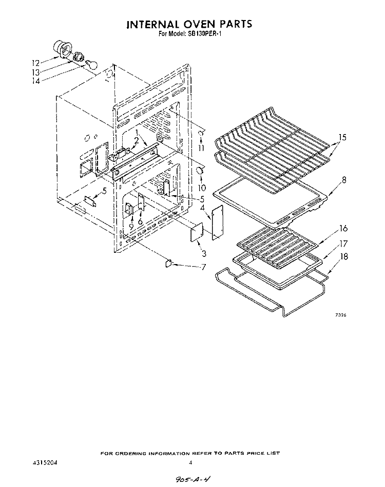 INTERNAL OVEN Diagram and Parts List for SB130PER1  Whirlpool Range