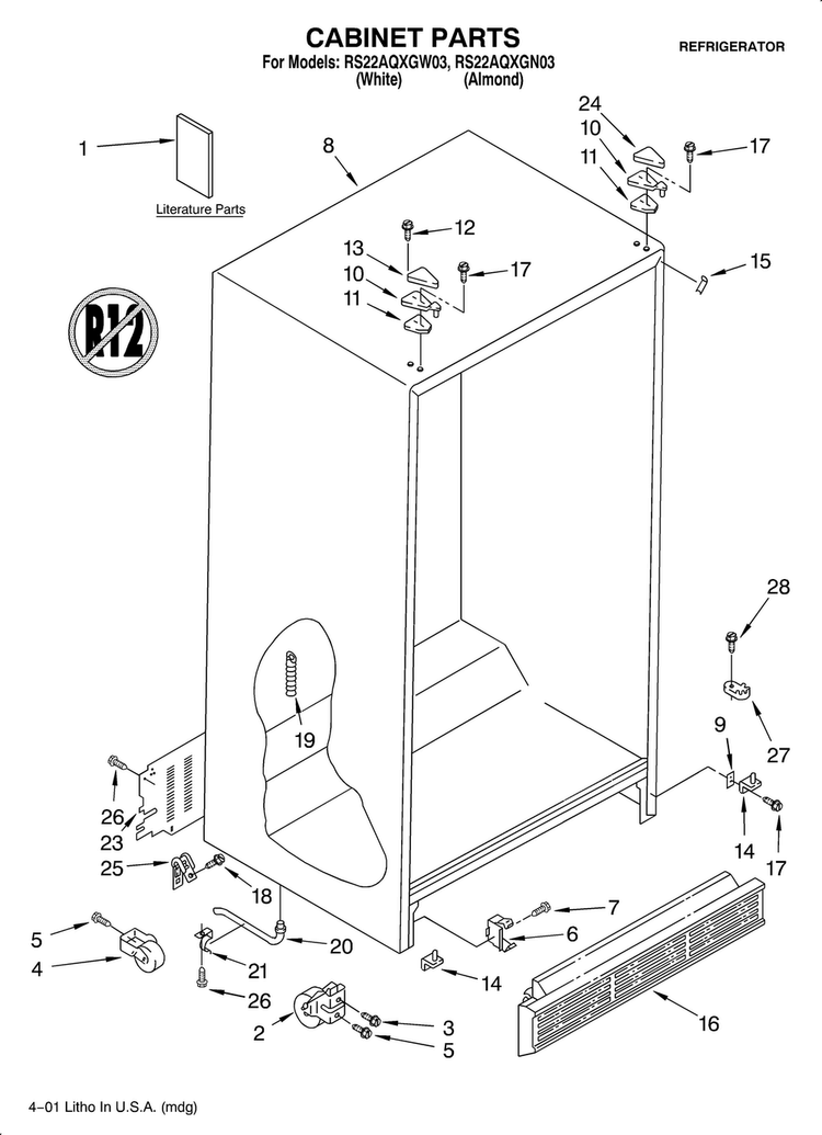 Cabinet/literature Diagram and Parts List for RS22AQXGN03  Roper Refrigerator