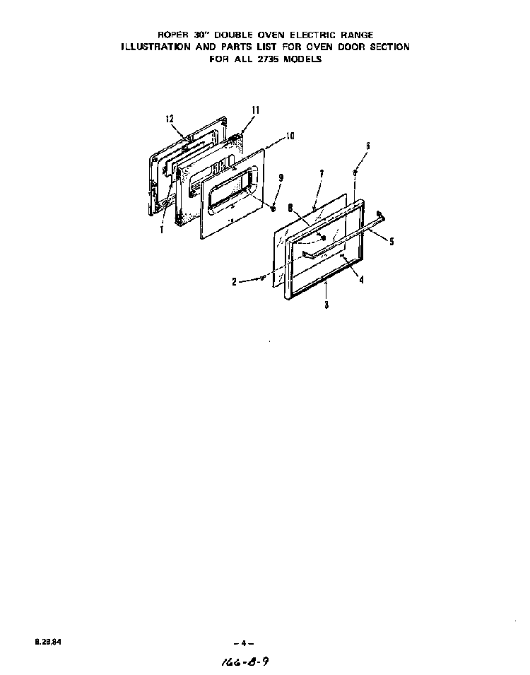 Oven Door Diagram and Parts List for 2735*0A  Roper Range