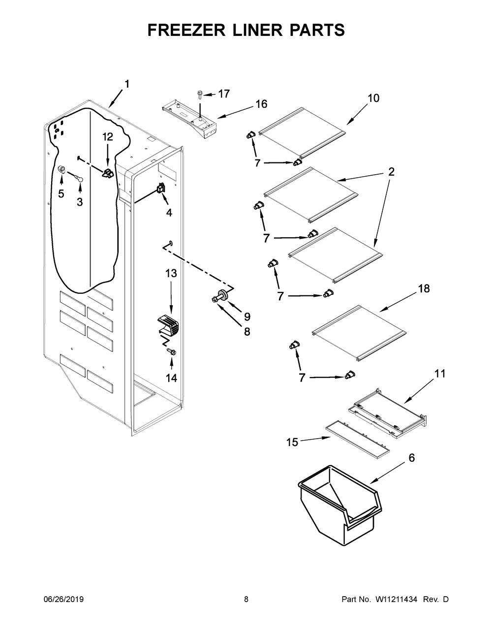 Freezer Liner Parts Diagram and Parts List for WRS555SIHB00  Whirlpool Refrigerator