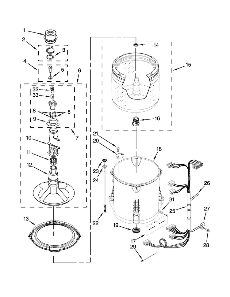 Basket And Tub Parts Diagram and Parts List for 11021292013  Kenmore Washer