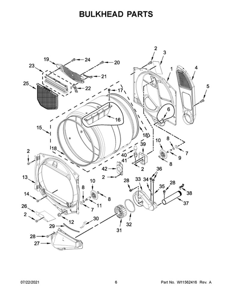 Bulkhead Parts Diagram and Parts List for 11061112022  Kenmore Dryer