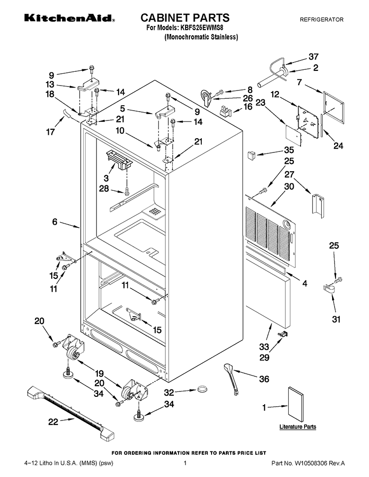 CABINET PARTS Diagram and Parts List for KBFS25EWMS8  KitchenAid Refrigerator