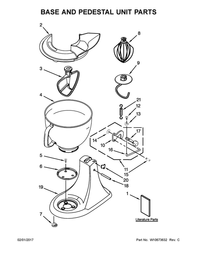 Base And Pedestal Unit Parts Diagram and Parts List for 5KSM150PSRPT0  KitchenAid Mixer