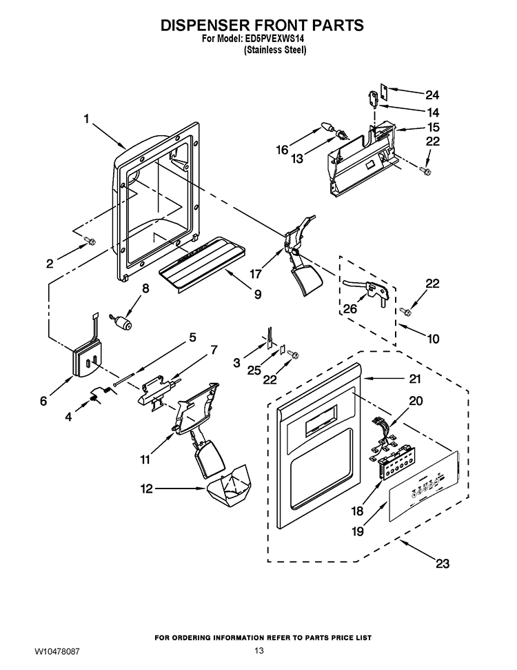 DISPENSER FRONT PARTS Diagram and Parts List for ED5PVEXWS14  Whirlpool Refrigerator