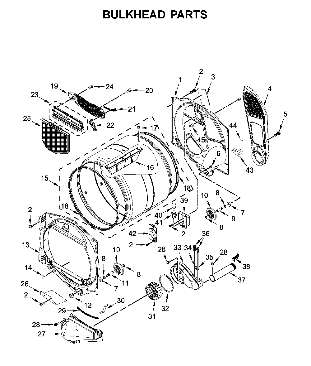 Bulkhead parts Diagram and Parts List for WED7120HW0  Whirlpool Dryer