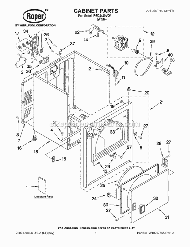 CABINET PARTS Diagram and Parts List for RED4440VQ1  Roper Dryer