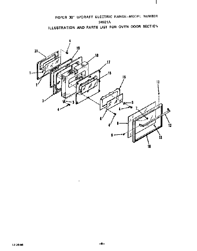 Oven Door Diagram and Parts List for 2492*1A  Roper Range
